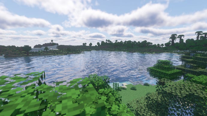 A lake between two forests in Minecraft.