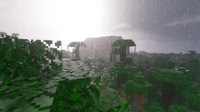 A close-up of some tree leaves in Minecraft.