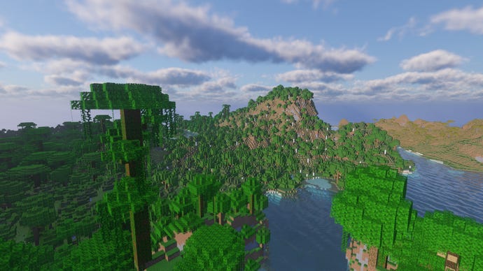 A jungle next to a river in Minecraft.