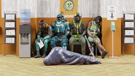 Concept art for Condor, a co-op spin-off to Control, showing four agents waiting on a bench with an occupied body bag in front of them.