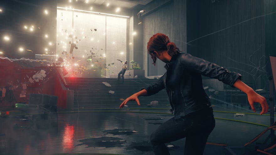 Jesse hurls an object with her powers in a Control screenshot.