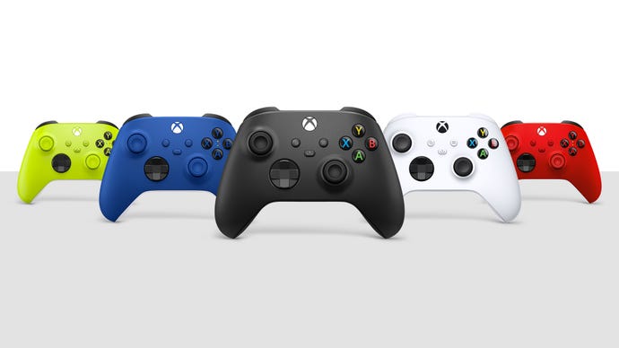 xbox wireless controllers in five colours, shown in their xbox series era guises