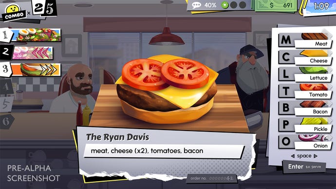 Kochen, servieren, lecker: Re-Senf!  Gameplay, das zeigt, wie der Spieler den Ryan Davis-Burger zubereitet, indem er Zutaten stapelt, indem er die aufgeführten Tasten drückt