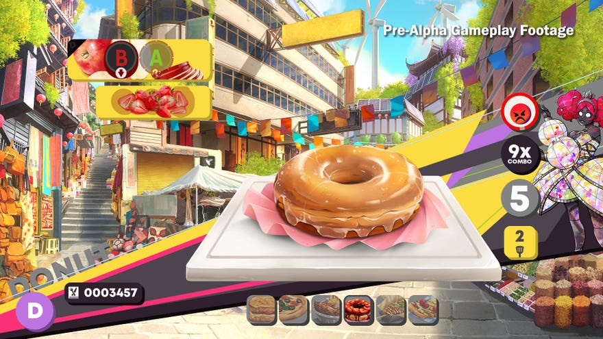 Preparing a fruity donut dish in a Cook Serve Forever screenshot.