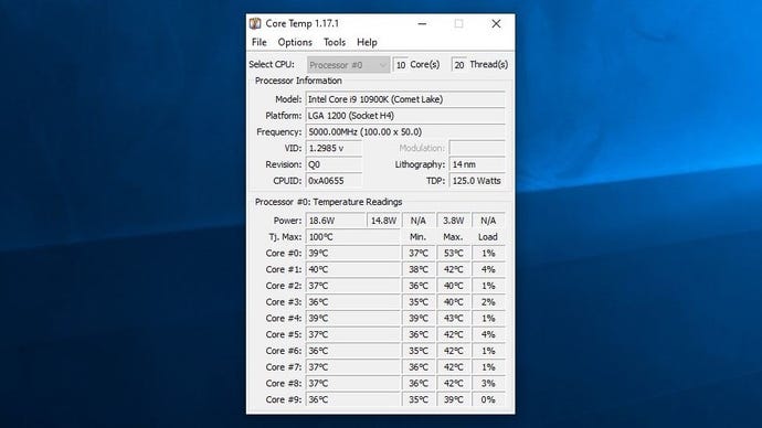 A screenshot of Core Temp, showing its CPU temperature monitoring.