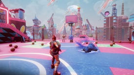 A screenshot of Core, showing a player facing away from the camera standing on a pink and purple basketball court surrounded by colourful buildings and many basketballs.