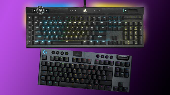 Image of a Corsair K100 and Logitech G915 TKL on a purple to black gradient background