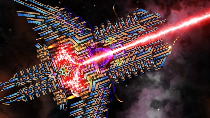 A custom spaceship in Cosmoteer, firing a giant massive laser