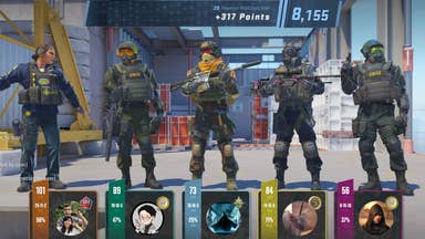 counter-strike 2 screenshot showing the end of game screen in premiere. five CT player characters are shown, each holding a weapon.