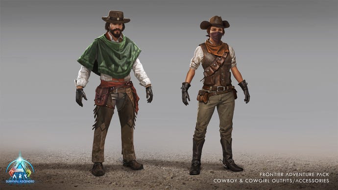 Two Ark: Survival Ascended characters in cowboy outfits care of a forthcoming DLC pack