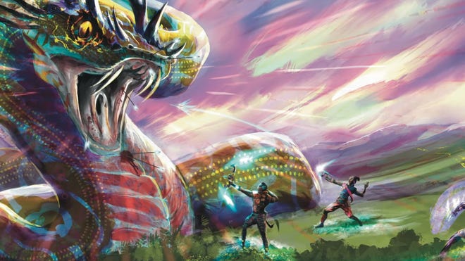 A massive snake with a spiked crest is fended off by bow-wielding warriors fighting on an open plain.