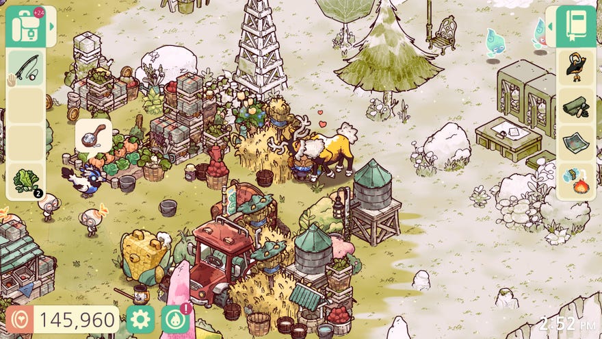 A screenshot of Cozy Grove, showing a hand-drawn world of trees, crops, stacks of materials, and a happy looking reindeer hugging the player.