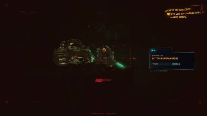 V uses their cyberware to highlight a battery powered drone and scan its components to find a working battery.
