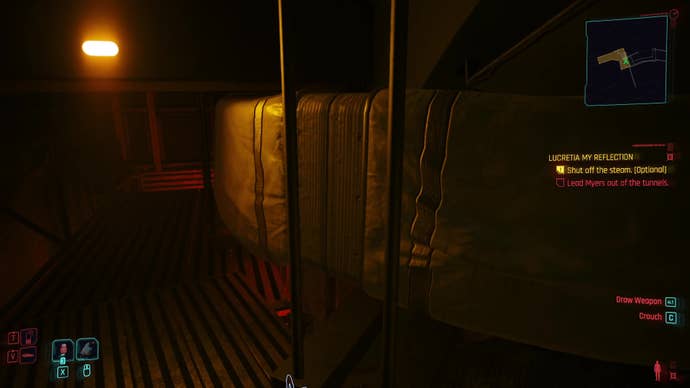 A yellow-lit walkway above an underground tunnel, with a red-lit drop down at the end of the path.