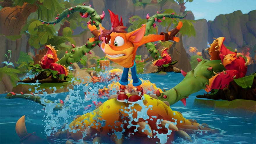 Crash Bandicoot 4 - Crash balances on a toothy enemy in the water surrounded by thorny vines.