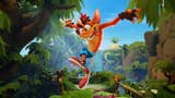 Promotional artwork showing Crash Bandicoot leaping in the air against a jungle-like background.