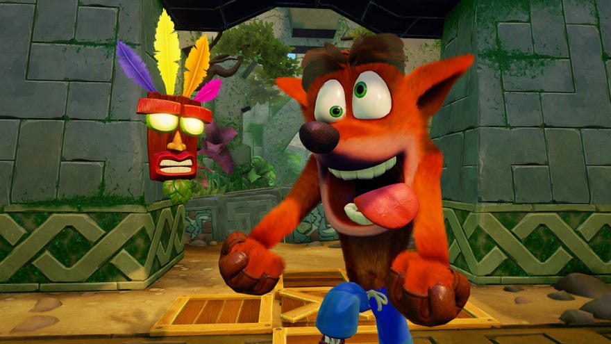 Crash Bandicoot rolls his eyes and flops his tongue in a screenshot from the Crash Bandicoot N. Sane Trilogy.