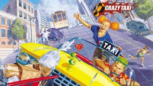 Crazy Taxi key art showing a green-haired taxi driver racing down a hill in a city, the passenger hanging on in the back.
