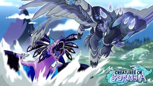 Artwork for Roblox game Creatures of Sonaria showing two huge creatures midway through a battle at sea.