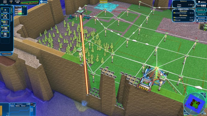 A screenshot of Creeper World 4 showing green terrain surrounded by high walls. A small segment of the wall is missing, so as to channel creeper through it.