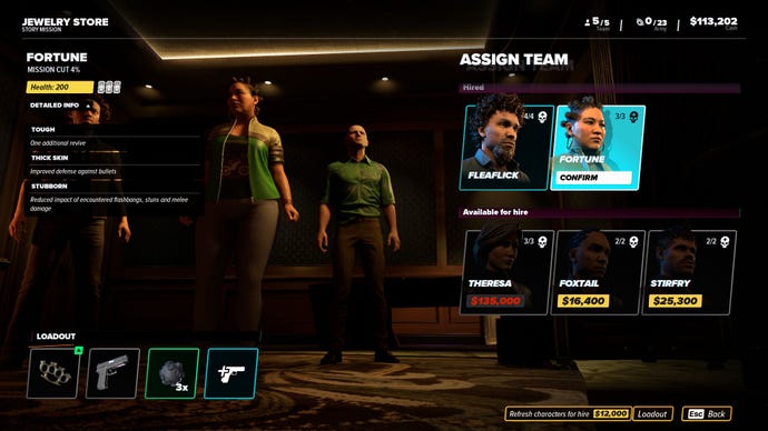 The team selection screen in Crime Boss: Rockay City