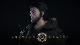 A rugged looking white man with long dark hair, a beard and some streaks of blue paint down over his eyes. He looks vaguely Celtic, you know what I mean. The Crimson Desert logo/title is across the bottom of the screenshot