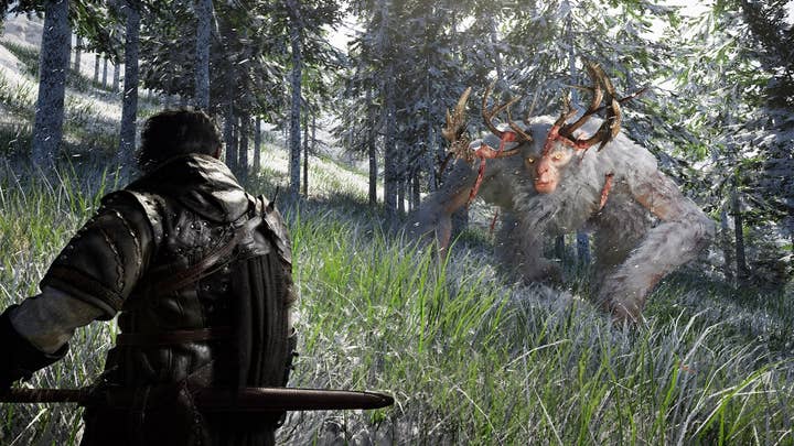 A person faces off against a large furry monster with deer-like antlers in a snowy forest