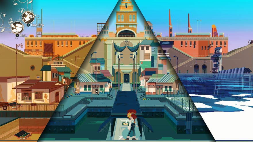 A screenshot showing the default view as you play Cris Tales. The screen is divided into three triangles. Cris Bell, in the middle, is standing in the present. The triangle on the right shows the same location in the future, whereas on the left it shows the past