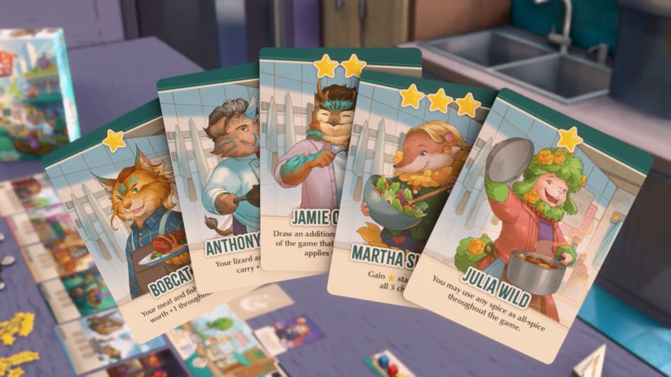 Critter Kitchen card spread featuring celebrity chef cards