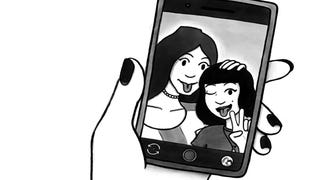 Cropped illustration featuring  hand holding a phone featuring a photo of two people