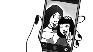 Cropped illustration featuring  hand holding a phone featuring a photo of two people