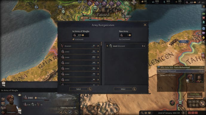 The Army Reorganization tab in Crusader Kings 3, with a single knight selected to become a literal one-man army.
