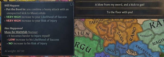 A Crusader Kings 3 screenshot showing a sly kick in the new duel system.