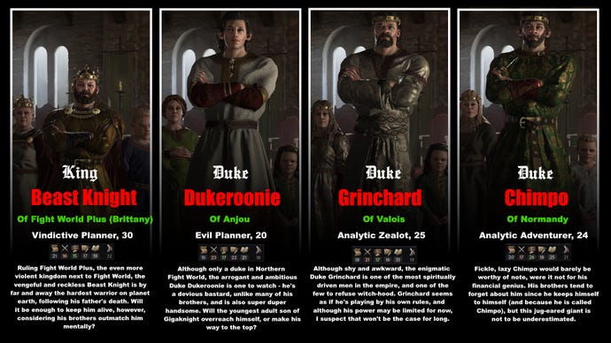 Portraits and flavour text for four of Gigaknight's descendants.