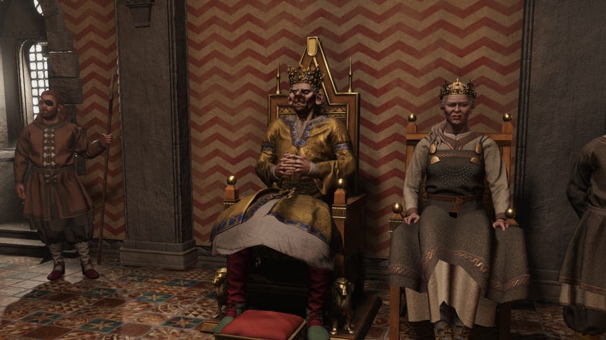 A king and queen sit on a throne in Crusader Kings 3