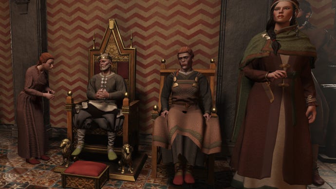 A small king sits on a throne next to his massive son and even larger daughter in Crusader Kings 3