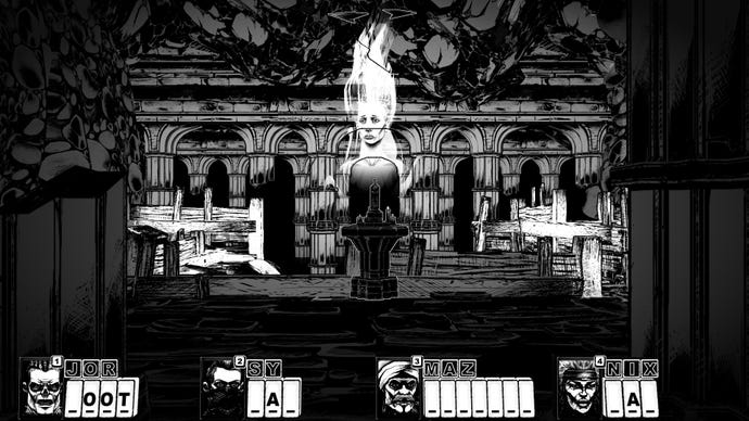Une étrange silhouette enflammée est assise devant un autel dans Cryptmaster