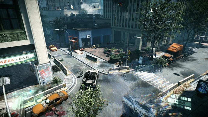 Soldiers guard a street junction in Crysis 2.