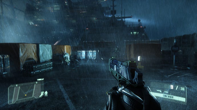 Prophet pulls a pistol aboard a rain-lashed boat in Crysis 3.