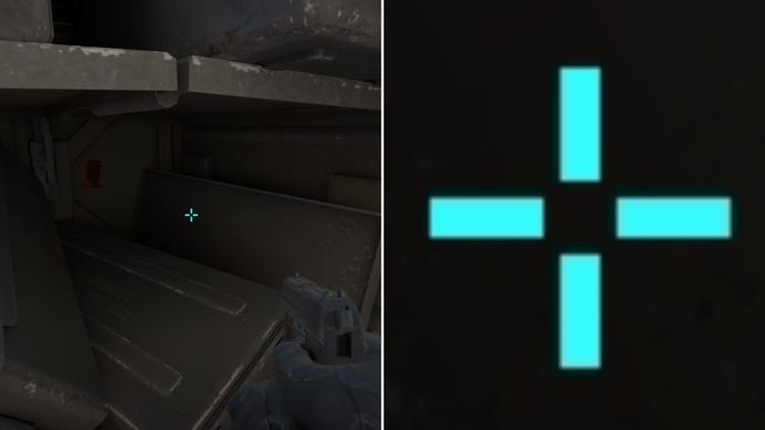 Left: a player stares at a grey background in Counter-Strike 2. Right: a close-up of the player's crosshair.