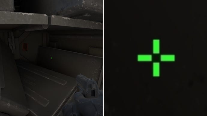 Слева: игрок смотрит на серый фон в Counter-Strike 2. Справа: крупный план перекрестия игрока.