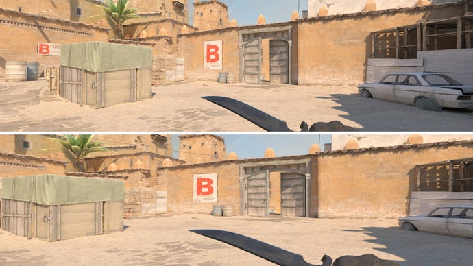 A top and bottom comparison of the same view of B bomb site on Dust II in Counter-Strike 2, with two different aspect ratios. Top: Native 16:9. Bottom: Stretched 4:3.