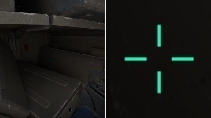 Left: a player stares at a grey background in Counter-Strike 2. Right: a close-up of the player's crosshair.