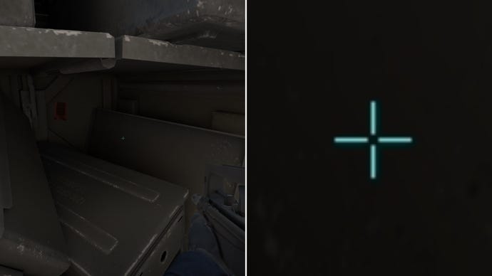 Left: a player stares at a grey background in Counter-Strike 2. Right: a close-up of the player's crosshair.