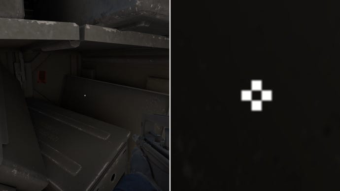 Left: a player stares at a grey background in Counter-Strike 2. Right: a close-up of the player's crosshair.