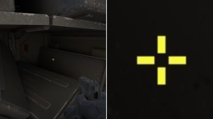 Left: a player stares at a grey background in Counter-Strike 2. Right: a close-up of the player's crosshair.