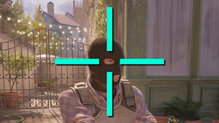 A large cyan crosshair superimposed over a terrorist's head in Counter-Strike 2.