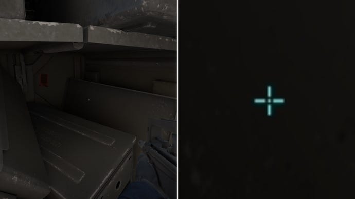 Left: a player stares at a grey background in Counter-Strike 2. Right: a close-up of the player's crosshair.
