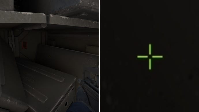 Left: a player stares at a grey background in Counter-Strike 2. Right: a close-up of the player's crosshair.
