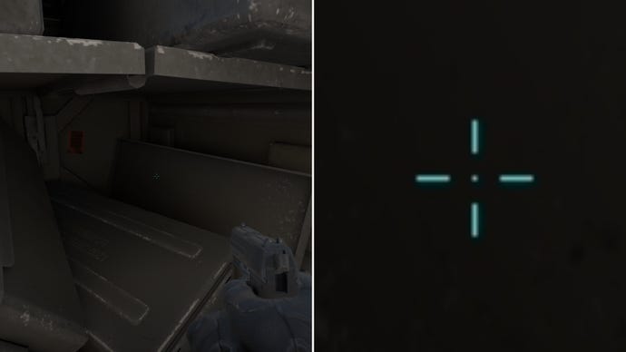 Left: a player stares at a grey background in Counter-Strike 2. Right: a close-up of the player's crosshair.